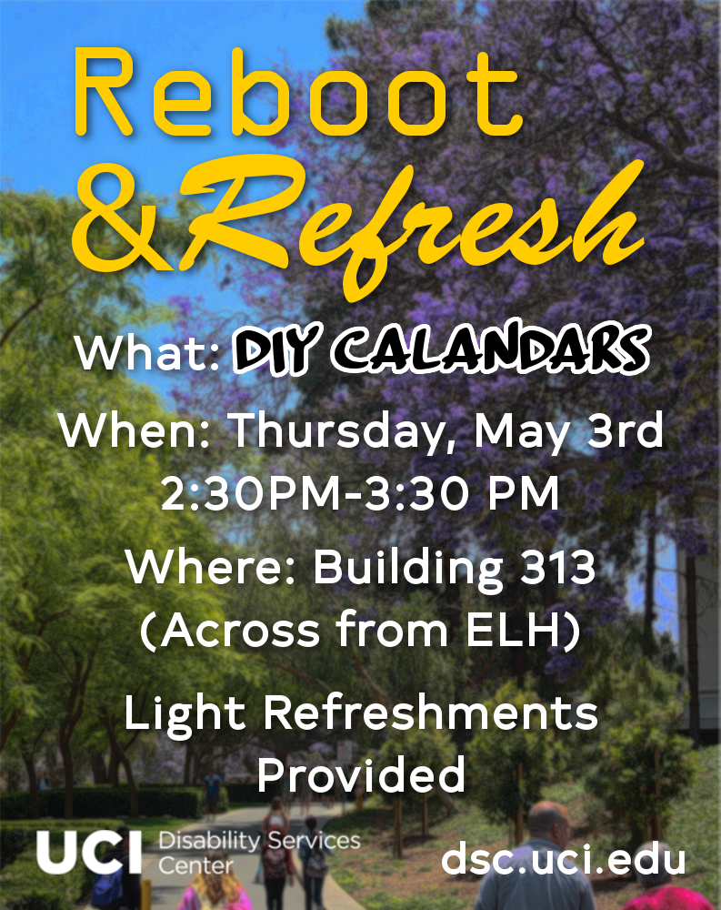 dscuci's tweet photo. Swing by tomorrow's R&amp;R and make a DIY Calendar to help you keep track of all your upcoming exams!

Be sure to join us every Thursday for unique activities and simple refreshments

#UCIDSC #SpringQuarter #RnR #DIYCalendar #DisabilityAwareness #UCIrvine https://t.co/6pPfywcwRZ