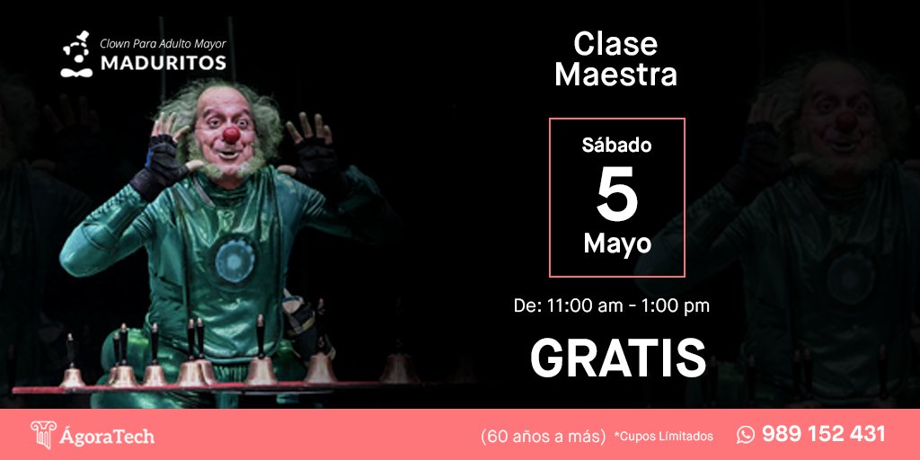 _AgoraTech_'s tweet image. Tendremos nuestra primera gran CLASE MAESTRA de clown para adulto mayor y lo mejor de todo… GRATIS.

✅Dirigido a: +60 años
📆 Fecha: Sábado 5 de mayo
⏰Horario: 11am a 1pm
🏚Lugar: Calle 2 de mayo 1113 Miraflores
Inscripciones: 
☎ +51 989 152 431
❗Sólo 10 cupos