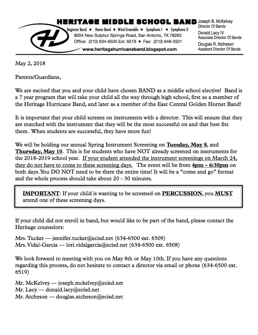 ECISDtweets's tweet photo. Attention parents of 5th grade students at Oak Crest Intermediate. 
Instrument screening days for 5th grade students attending Heritage Middle School next school year will on May 8 and May 10 from 4:00pm - 6:30PM. For more information, please contact @HMSecisd at 210-634-6500. https://t.co/8BHJWNHdkh