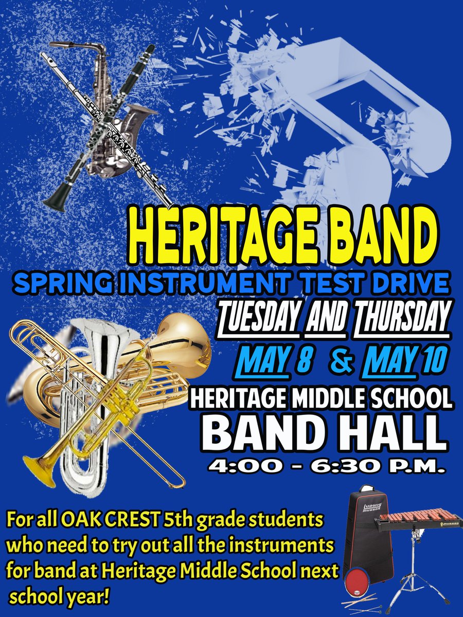 ECISDtweets's tweet photo. Attention parents of 5th grade students at Oak Crest Intermediate. 
Instrument screening days for 5th grade students attending Heritage Middle School next school year will on May 8 and May 10 from 4:00pm - 6:30PM. For more information, please contact @HMSecisd at 210-634-6500. https://t.co/8BHJWNHdkh
