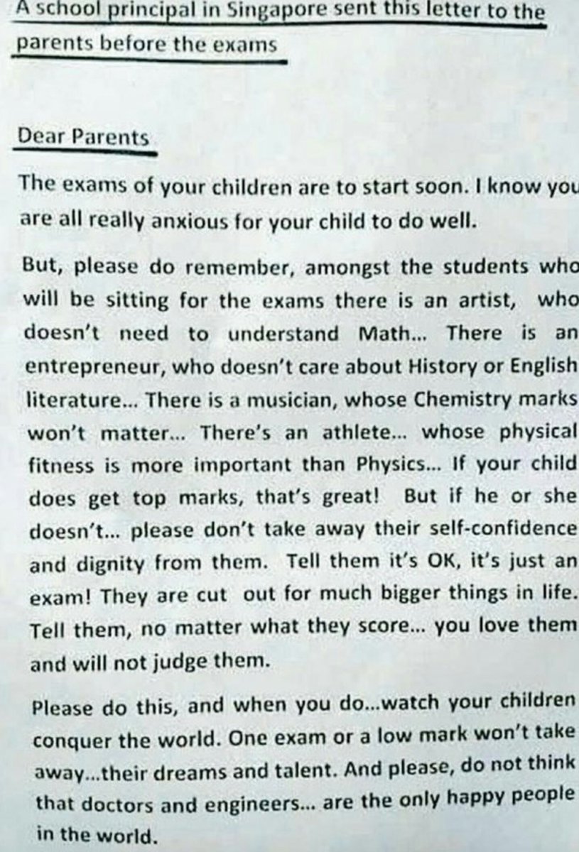 Letter to parents from a principal in Singapore. Remember there's an entrepreneur who doesn't care about history or English literature. 👏👏 #LiveYourDream