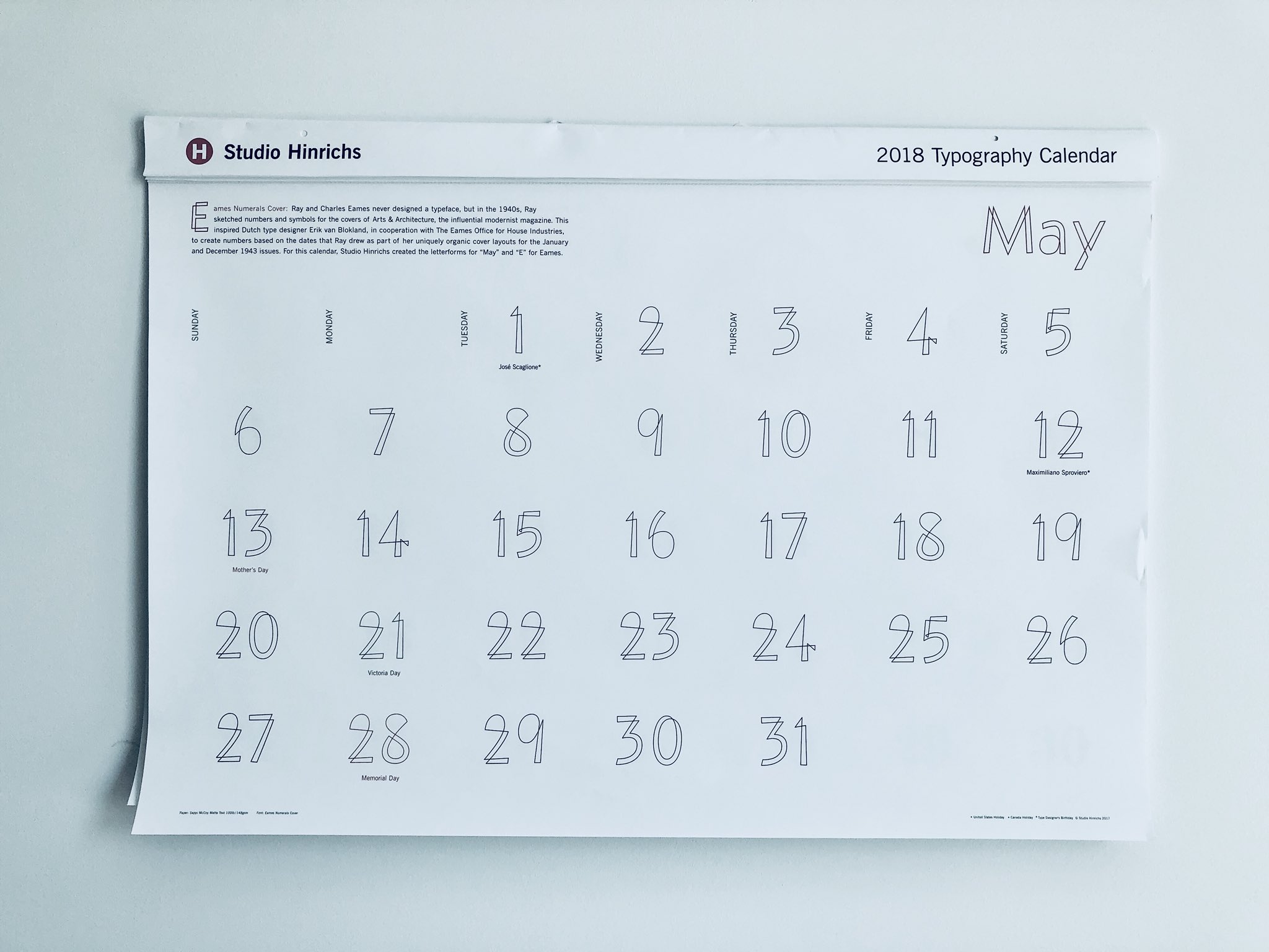 Namika Haiji 灰色ハイジ サンフランシスコのギャラリーで買ったタイポグラフィカレンダー 5月はeams Numerals Cover イームズ夫妻は書体を作った訳ではないけれと 妻のレイが書いた数字のスケッチから作られたらしい この書体は数字のみだけど この