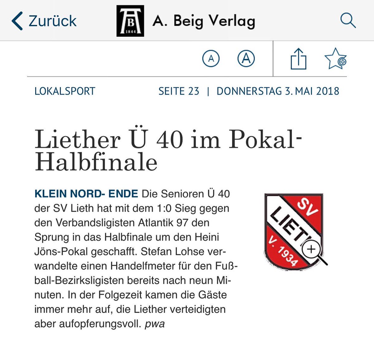svlieth40's tweet photo. Kurze Nachlese zu unserem gestrigen Viertelfinale gegen Atlantik 97 (Quelle: EN vom 3.5.2018).
#svl40 #svlieth #kleinnordende https://t.co/h6KIWTsVSU