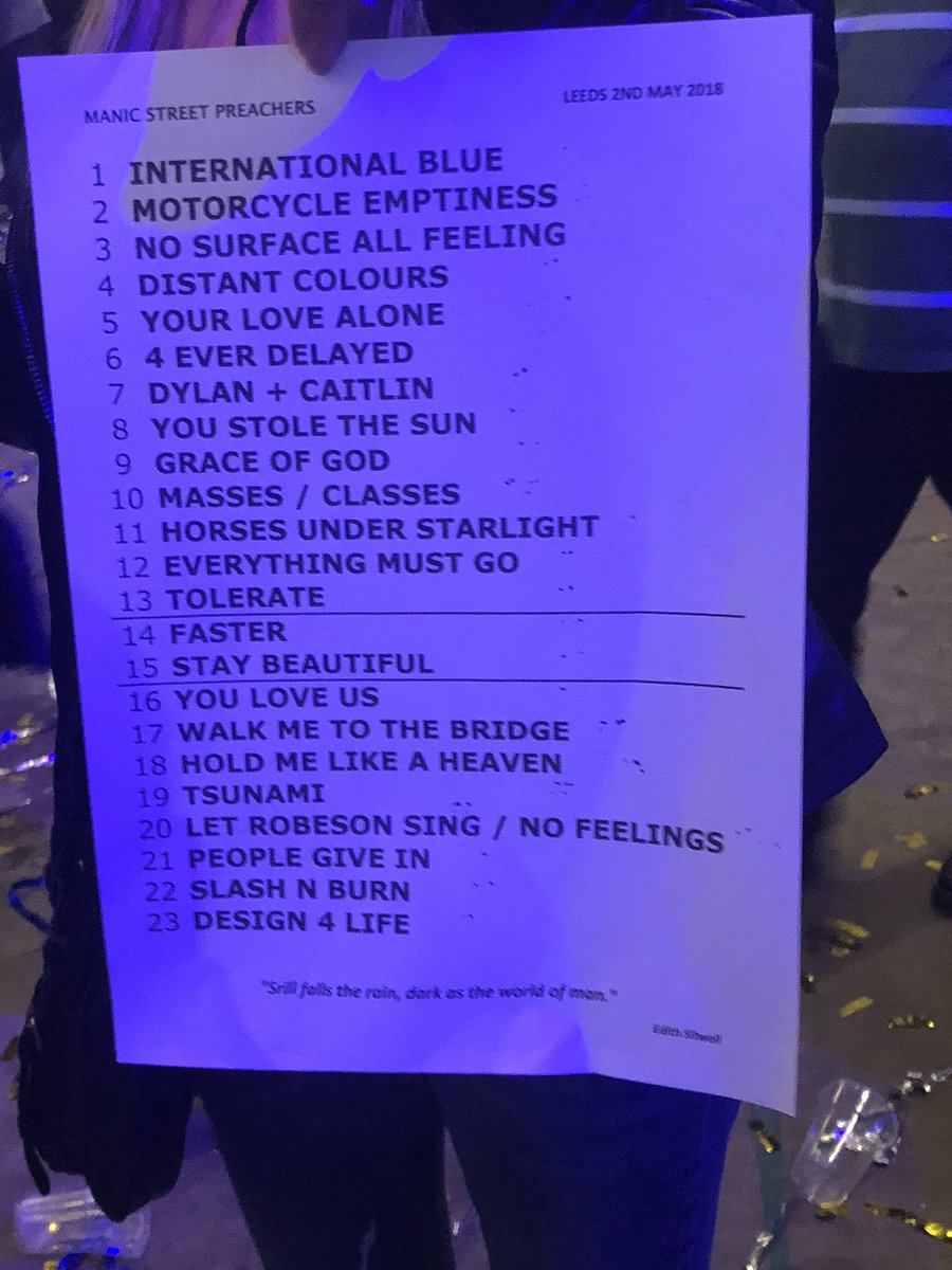 FDForum's tweet photo. Tonight’s @Manics setlist from Leeds  @fdarena https://t.co/zrW0yBosc1