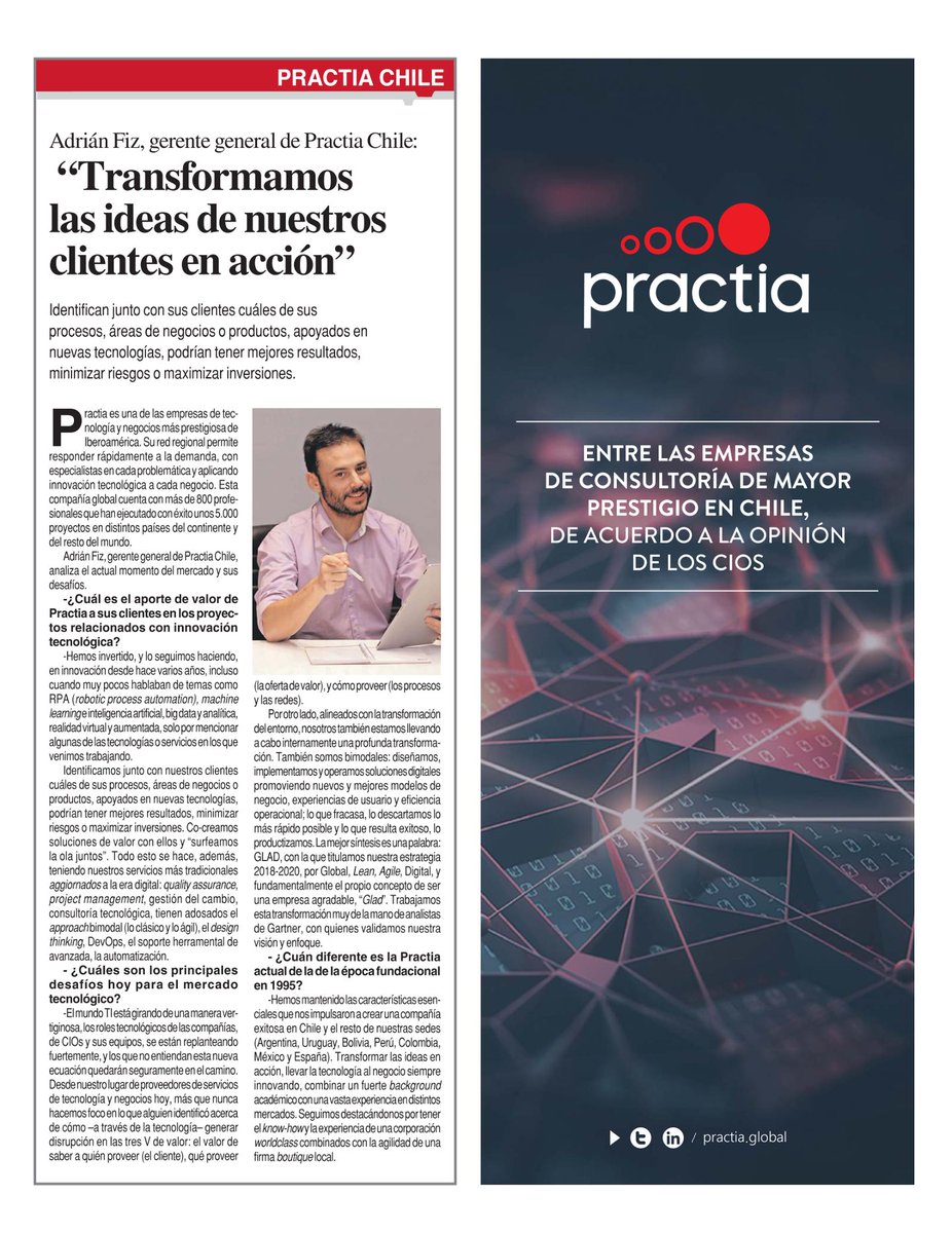 PractiaGlobal's tweet photo. #EnLosMedios
"Transformamos las ideas de nuestros clientes en acción", @FizAdrian, CEO de #PractiaChile
Leer más --> https://t.co/9oeszLmzSq https://t.co/nlI9GNkNGX