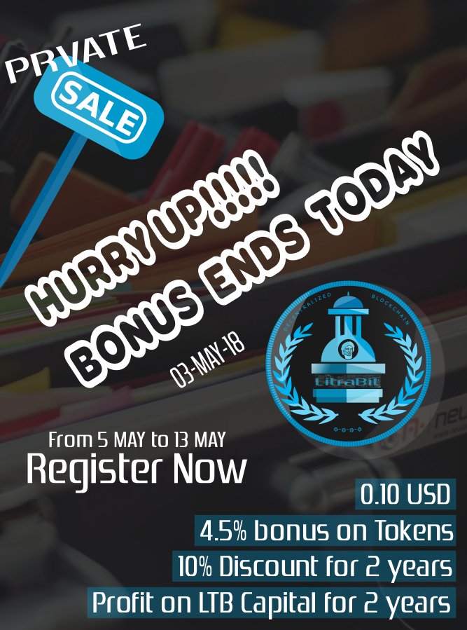litrabit's tweet photo. HURRY UP! And register for private sale, Don't miss out on the chance to get 4.5% bonus on LTB in Private sale. Bonus offering closes today.
#Airdrop #ICO #PRESALE #Blockchain #LitraBit #Top10 #ERC20 #ethereum #bitcoin #Bounty #Bitcoin #Ripple #LitraBit #PrivateSale #Sale https://t.co/X3rcXsPTT1