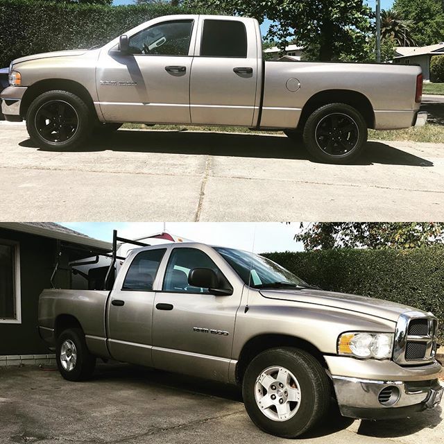 AnglingWes's tweet photo. Before and after: Scored a set of take-off 20”tires and rims for the truck. Whatever it takes to maintain the cool kid persona.  #dodgeram1500 #blackout #wheelupgrade #newrims https://t.co/mHCCuMiGlI https://t.co/HFbFS8w7R3
