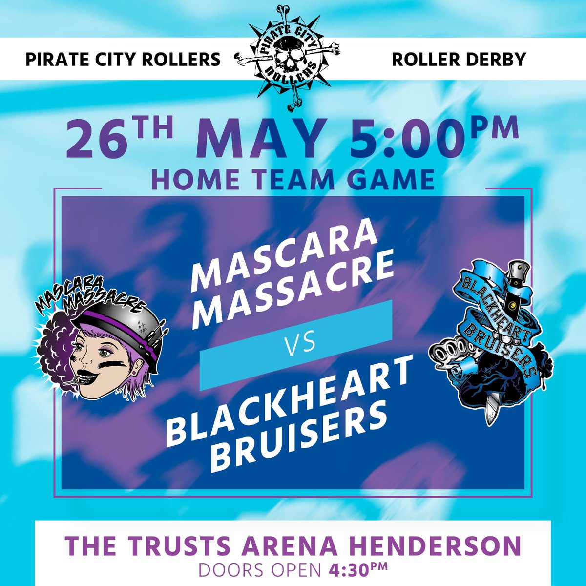 piratecity's tweet photo. Our 2nd home team game of the season is happening at the end of this month! Join us on Saturday 26th May Trusts Arena from 4.30pm when #blackheartbruisers will take on #mascaramassacre #rollerdeby #piratecityrollers #rollerskating #hometeams #bluevsgreen https://t.co/MlSXjWtO5r