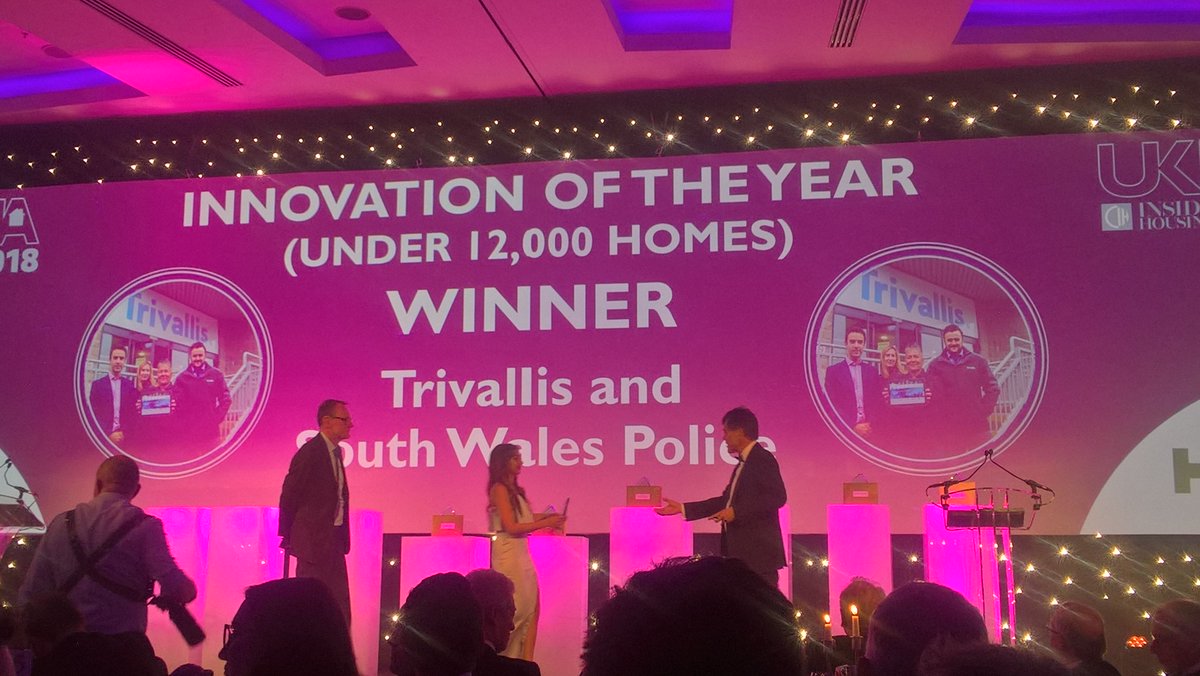 CIHhousing's tweet photo. And the winner of the innovation of the year category for organisations with under 12,000 homes is @WeAreTrivallis and @swpolice - well done! #UKHA18 https://t.co/EEc2v7voVu
