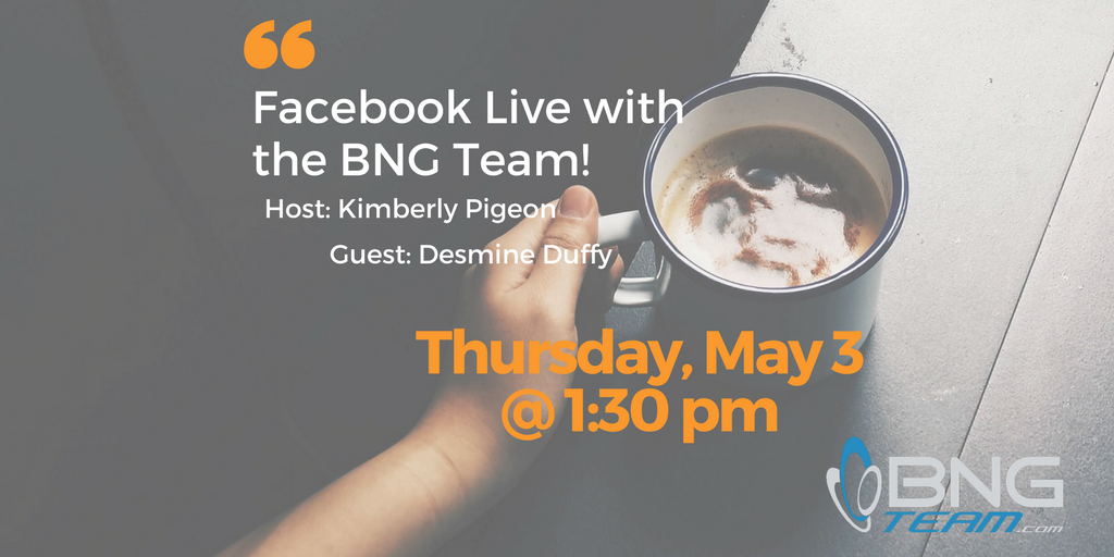 bngteam's tweet photo. Do you ever wonder what we do at BNG Team? Find out what Desmine Duffy does exactly and how it pertains to BNG Team!  We will be #FacebookLive tomorrow at 1:30 pm cst. #WednesdayWisdom #SmallBusiness #B2B #Entrepreneur https://t.co/MNWUZrGO6Z