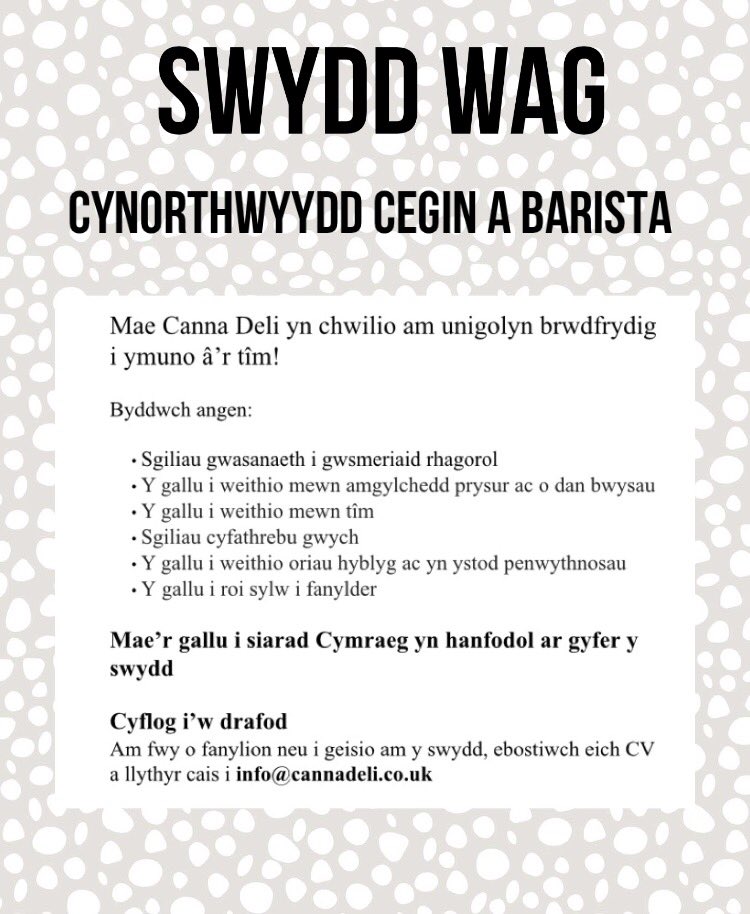 CannaDeli's tweet image. ⭐️⭐️SWYDD WAG⭐️⭐️  Cyfle i fod yn rhan o dîm Canna Deli! Rhannwch os gwelwch yn dda! Diolch x @PethePontcanna @CFfICymru @swyddle @safleswyddi @MenterCaerdydd