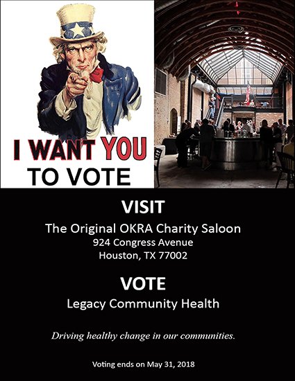 OurLegacyToday's tweet photo. Visit @OKRAFried &amp; cast your vote for @LegacyCommunity Support us in driving healthy change in our communities. #OKRACharitySaloon #Houston #vist #vote #voteLegacy https://t.co/tVTfdvZhri