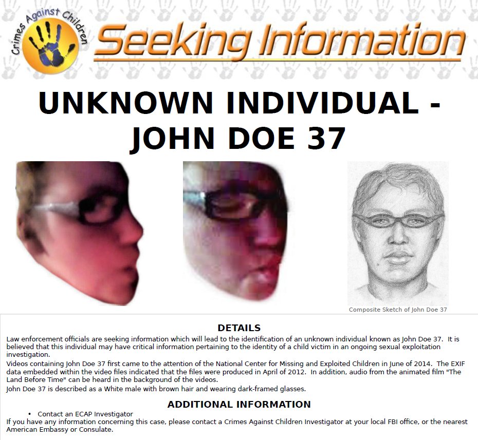 FBI's tweet photo. #FBI’s Endangered Child Alert Program (ECAP) is a proactive program to ID unknown individuals involved in the sexual abuse of children &amp; the production of child porn. For more info &amp; to submit tips on any of the unknown individuals, go to https://t.co/qNqmigp2H2. #WantedWednesday https://t.co/fGxyGsiaAM