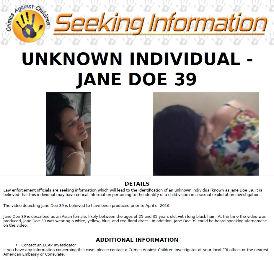 FBI's tweet photo. #FBI’s Endangered Child Alert Program (ECAP) is a proactive program to ID unknown individuals involved in the sexual abuse of children &amp; the production of child porn. For more info &amp; to submit tips on any of the unknown individuals, go to https://t.co/qNqmigp2H2. #WantedWednesday https://t.co/fGxyGsiaAM