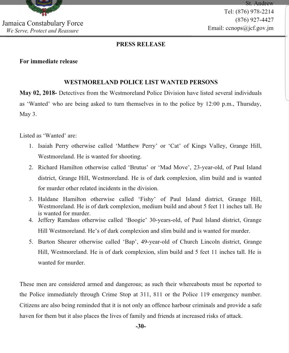 AbkaFitzHenley's tweet photo. JUST IN: Westmoreland Police have listed 5 men as wanted for murder and shooting. The men are considered armed &amp; dangerous. They are to report to the Police by noon tomorrow. List has been issued after 7 people were murdered in Grange Hill yesterday. 2 children are among the dead https://t.co/ghyvwrlevp