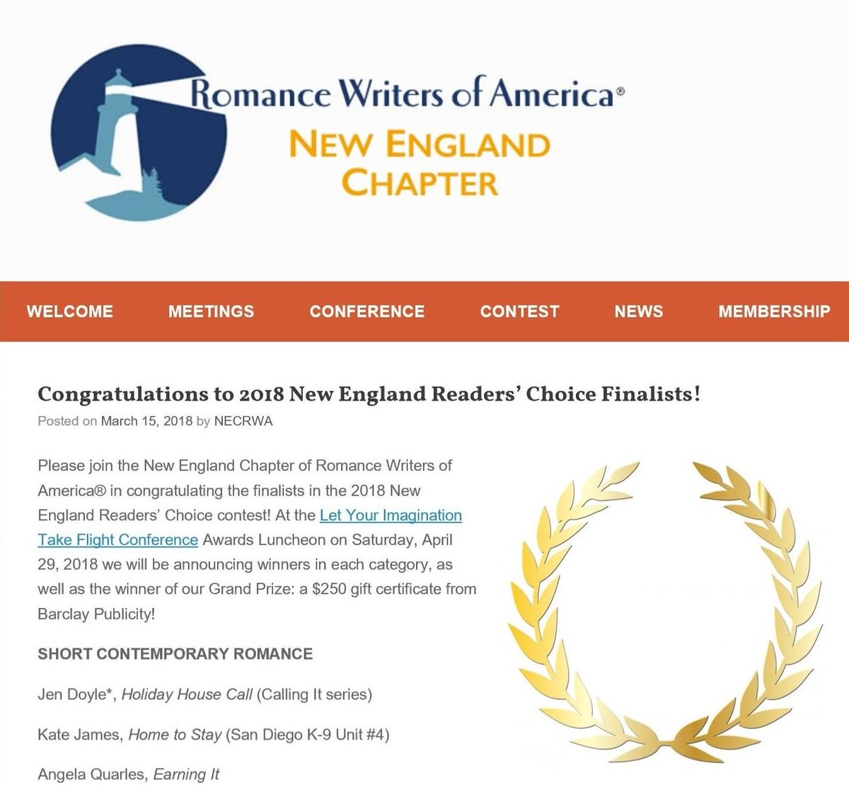 KateJamesBooks's tweet photo. Huge thanks to the New England Chapter of the Romance Writers America for recognizing Home to Stay for their 2018 Readers' Choice contest! https://t.co/7S02EV8j44