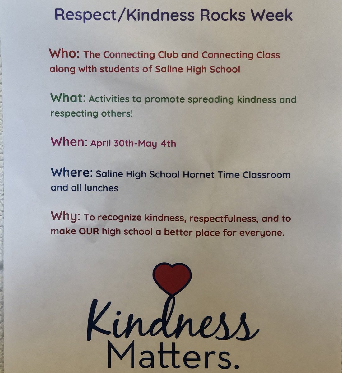 SalineHS's tweet photo. Our @SHSConnecting classes and club have been working hard creating activities and awareness for #KindnessWeek2018 - THANK YOU! #SHSLearn #SASCompass https://t.co/9Wb3hbazlJ