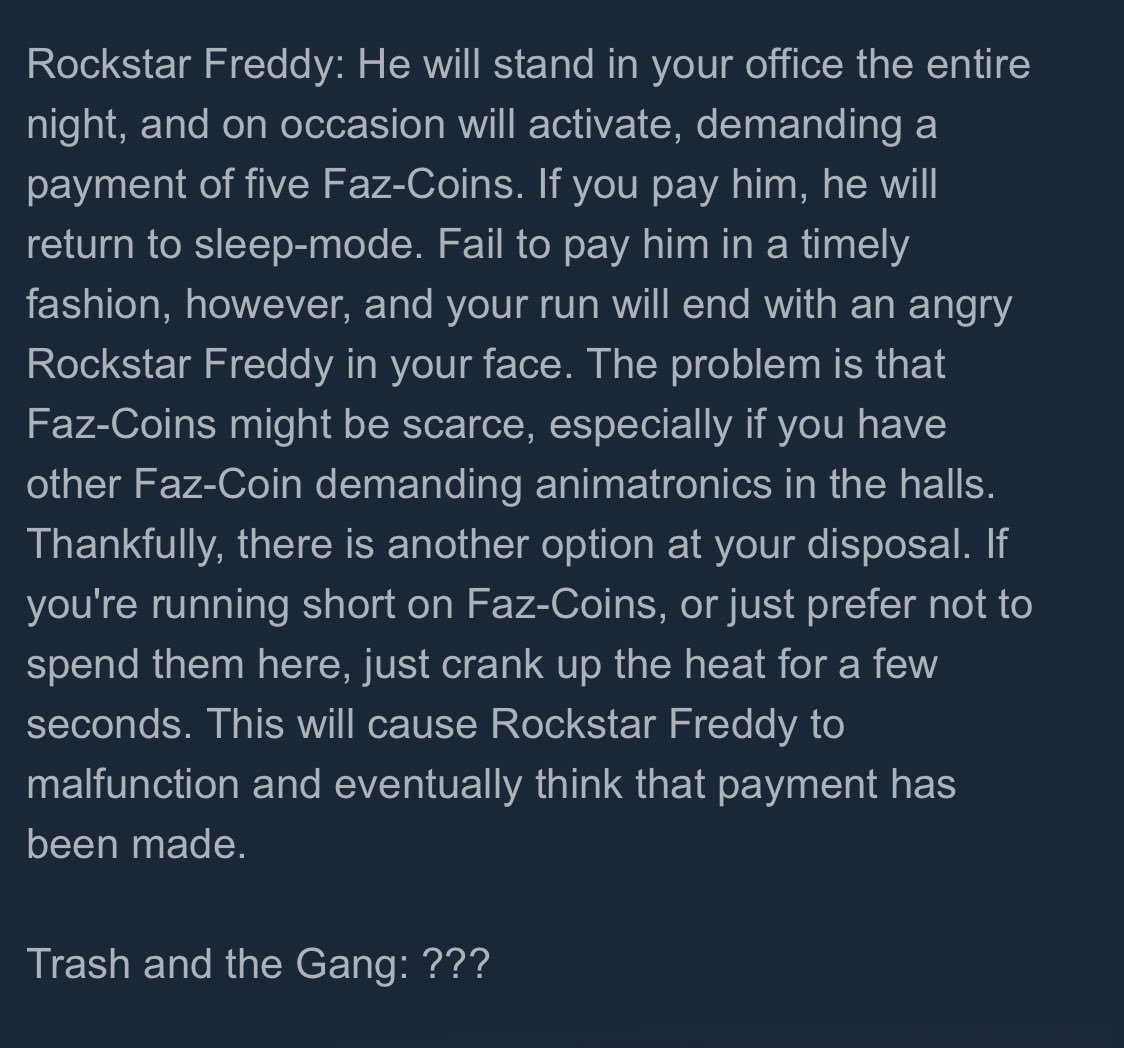 FuhNaff's tweet image. 96%!!!!

Rockstar Freddy has been added!!!

And Trash and the Gang has been... added???