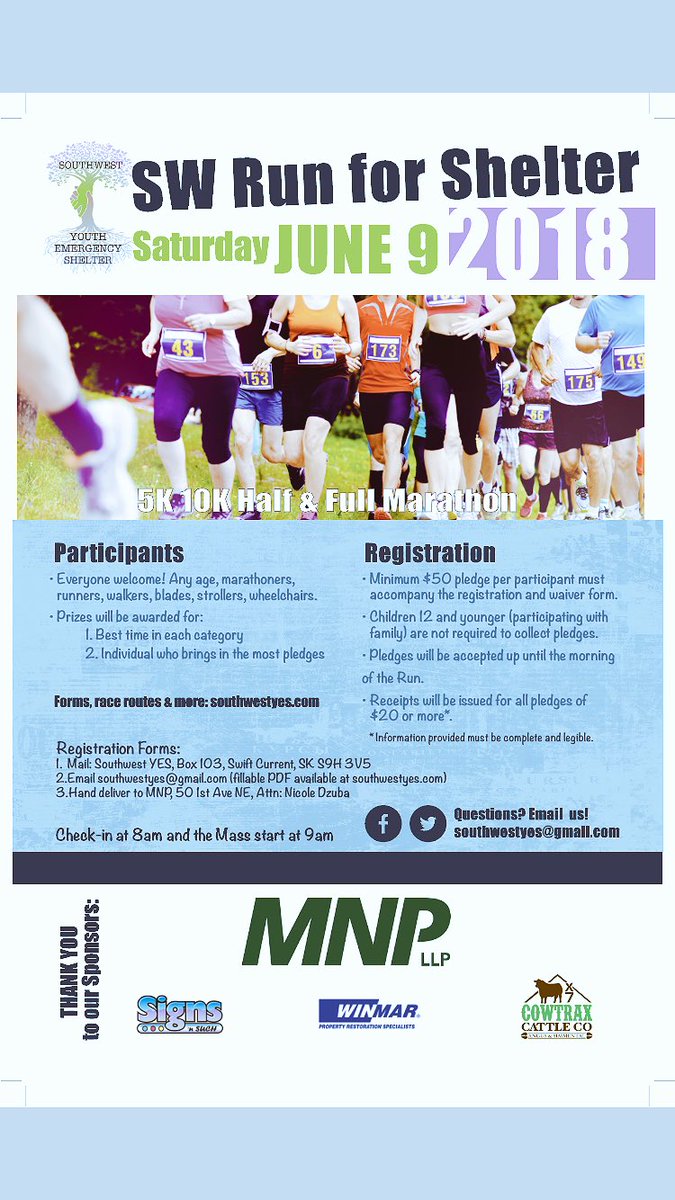 Come run, jog or walk for the 4th annual "Sw Run for Shelter" on June 9, 2018. #runforshelter #Dorie'sHouse #SwYes #CityofSwiftCurrent <a href="/SouthwestYES/">SouthwestYES</a> <a href="/City_SC/">Swift Current</a>