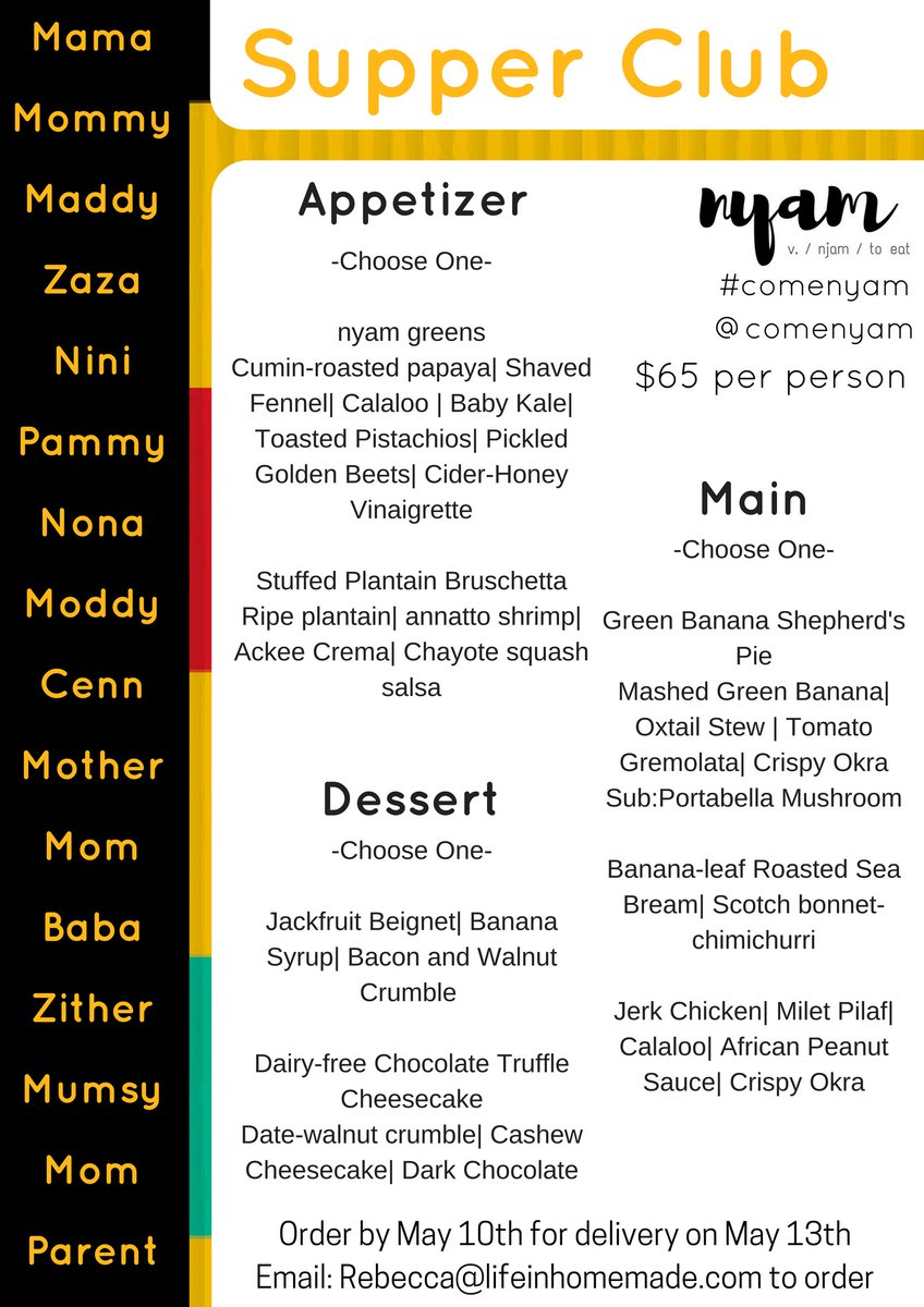 comenyam's tweet photo. Celebrate the mama in your life with a belly full of love! 
Email rebecca@lifeinhomemade.com #nyamathome #supperclub #Blackfemalechef #Toronto #food #fooddelivery #Jamaicanfood #Africanfood #comenyam #glutenfreebutyoudonthavetobe #oxtail #plantain #jerkchicken #May13th https://t.co/V9Dt2rK0kc