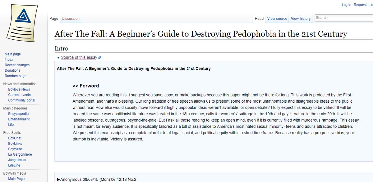 The side bar on Boy wiki includes a 'donations' page and 'Boylove' news amongst other things. Here is a screen grab showing the 'Paedophile Manifesto' on the paedophile website