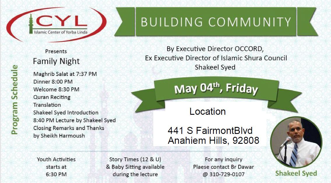 Address change for Friday Family Night.  The address for Friday Family Night is 441 S Fairmont Blvd in Anaheim Hills.  Please see flyer for more details