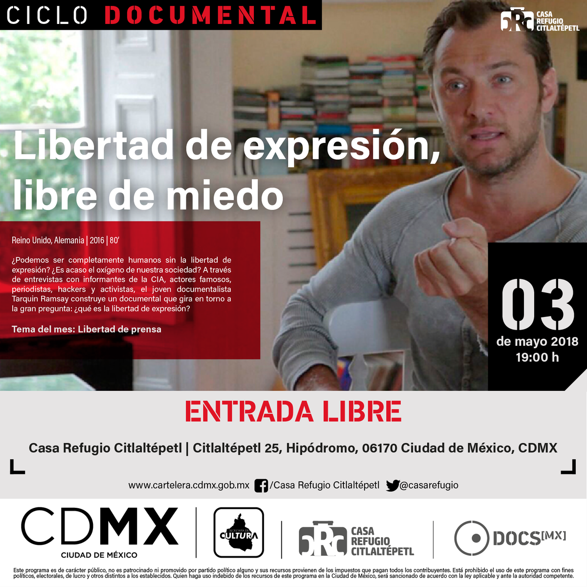 DocsMX's tweet photo. Mañana tendremos nuestro ciclo de cine documental en @casarefugio con la proyección de "Libertad de expresión, libre de miedo", de @Tarquinster.
Tema del mes: Libertad de prensa https://t.co/zjDQ4CiDQD
