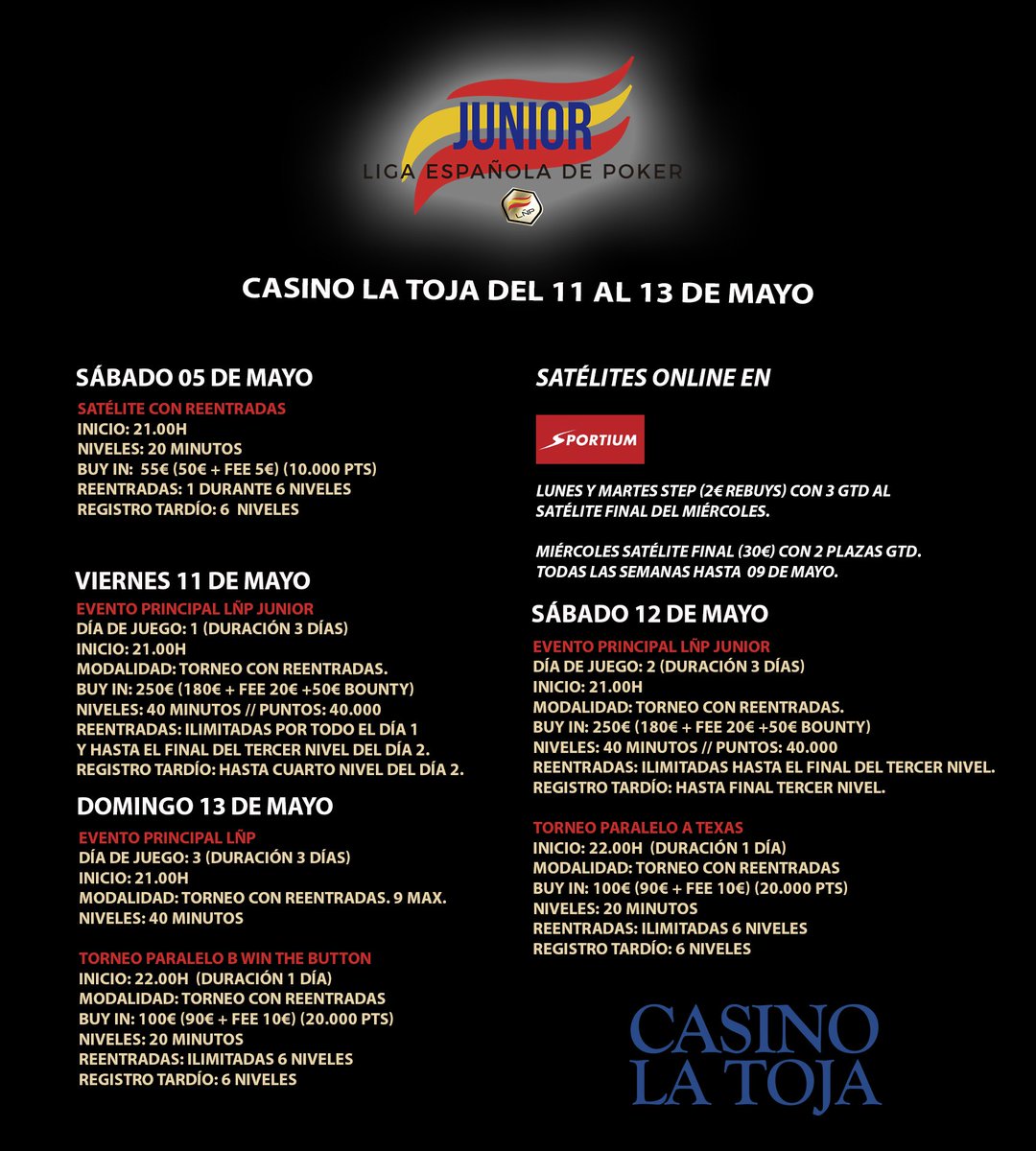 ligaESpoker's tweet photo. CONGRATS a #baros1 y #elixir004 ganadores hoy de 2 entradas para la #LÑPJunior de @casinolatoja en @sportium .
La semana que viene última semana para clasificarse online a esta parada.
Os dejamos aquí el programa del evento. https://t.co/gsblvkt2dQ