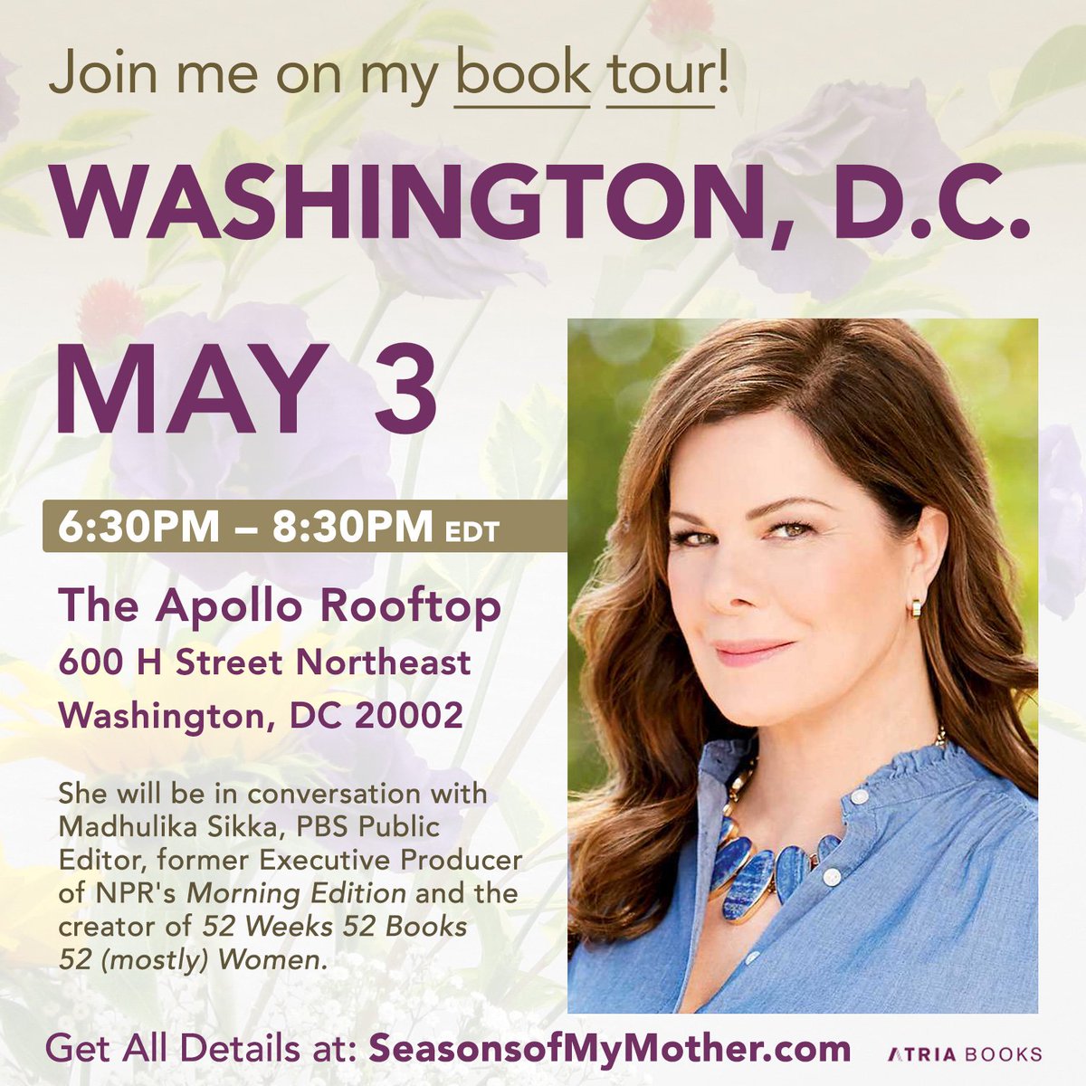 MGH_8's tweet photo. WASHINGTON, D.C. Join me, Thursday May 3rd!
@theapollodc 600 H Street, Northeast, 6:30PM - 8:30PM.
Tickets: https://t.co/Li4qHUV6eQ
#SeasonsofMyMother #SeasonsofMyMotherBook
@simonschuster @AtriaBooks @SimonAudio @solidstatedc https://t.co/0Z1nbB0xFt