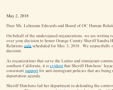 NDLON's tweet photo. Youth, labor, civil &amp; immigrant rights organizations ask OC Human Relations (@WeAreOneOC) to *not* honor OC Sheriff’s legacy of anti-immigrant policies.  Read the letter:  https://t.co/7dEDabc0ci #OC4ALL https://t.co/7fOh5YJNDR