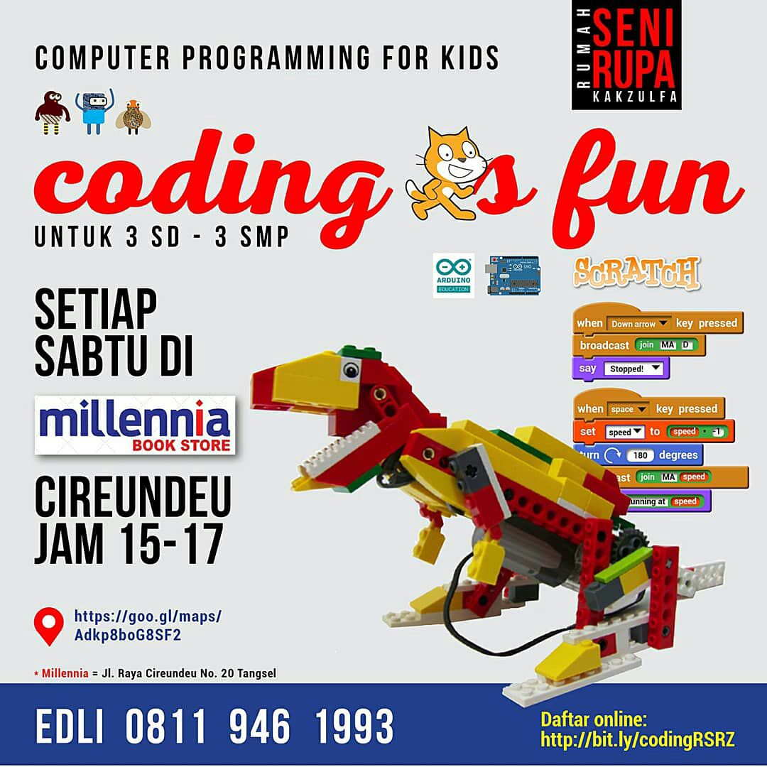Lukisandotcom's tweet image. Kelas #codingisfun di Toko Buku @millenniastore jl. Cirendeu Raya no. 20, Tangsel.
Setiap Sabtu pkl 15.00 sd. Pkl 17.00
Belajar #Programming dengan menyenangkan! #computerprogrammingforkid #gamemaker #kidsjamannow #rumahsenirupakakzulfa @Info_Cireundeu @InfoTangsel @info_ciputat