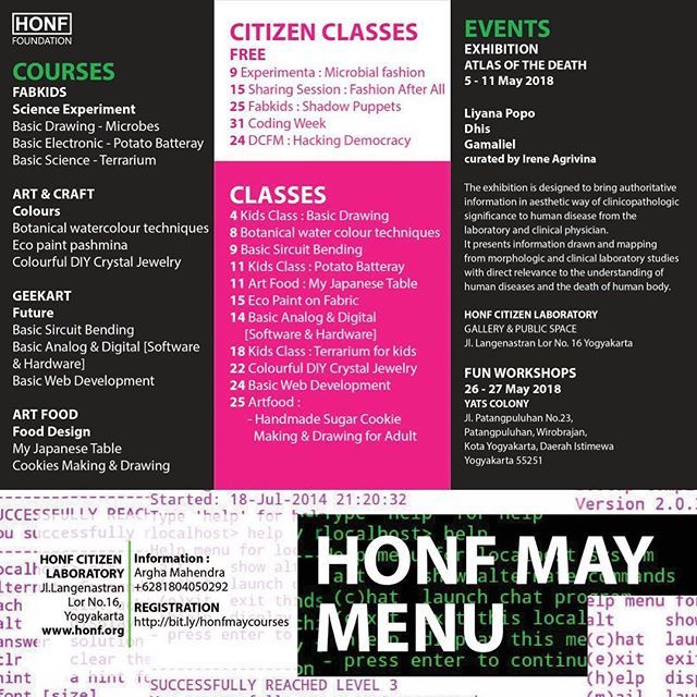 *HONF MAY MENU*
.
COURSES
FABKIDS | 350 K
Science Experiment 
Belajar tentang sains secara menyenangkan
Basic Drawing - Microbes
Basic Electronic - Potato Batteray
Basic Science - Terrarium
.
ART &amp; CRAFT | 350 K
Colours
Kembangkan hobimu dan mempelajari berbagai teknik seni …
