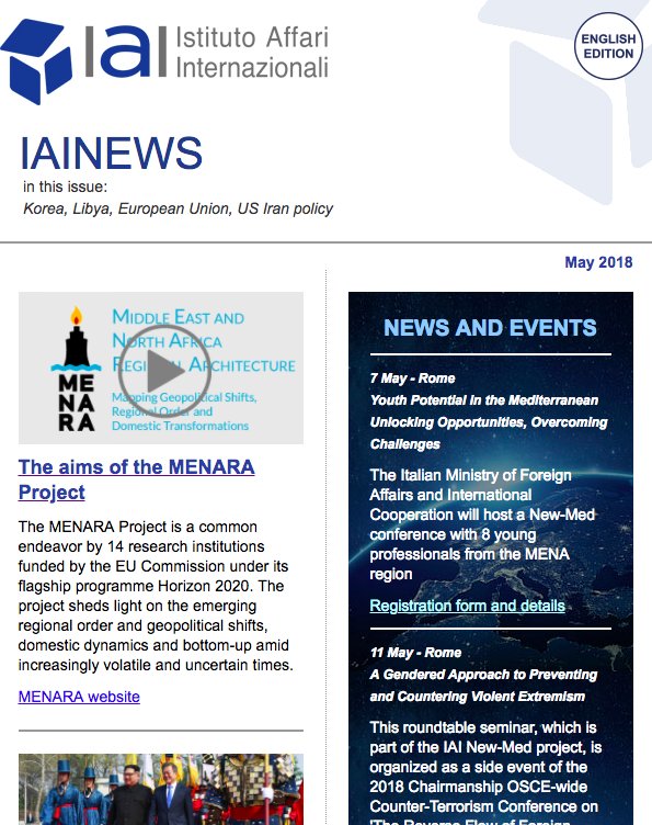 Istituto Affari Internazionali - IAI (@iaionline) on Twitter photo 📨The latest issue of #IAInews is now out, featuring articles, commentaries, videos & events.
Among others: updates on the 🌍<a href="/MenaraH2020/">MENARA Project</a> Project; 🇰🇵🇰🇷#InterKoreanSummit; 🇮🇷#IranNuclearDeal; 🇪🇺🇧🇷 #EU-#Brazil cooperation;💡#EnergyUnion 👉 news.iai.it/wb.php?p=24k/2… 📨The latest issue of #IAInews is now out, featuring articles, commentaries, videos & events.
Among others: updates on the 🌍<a href="/MenaraH2020/">MENARA Project</a> Project; 🇰🇵🇰🇷#InterKoreanSummit; 🇮🇷#IranNuclearDeal; 🇪🇺🇧🇷 #EU-#Brazil cooperation;💡#EnergyUnion 👉 news.iai.it/wb.php?p=24k/2…