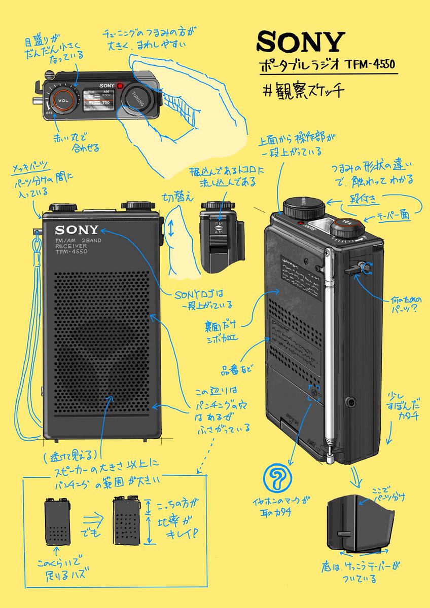 Giri カタギリショウタ Auf Twitter 2 30年前のポータブルラジオを 観察スケッチ パーツの合わせ目の処理や 品質良く見せるような工夫が随所にあって おもしろい まだ現役で頑張ってくれているので 分解するのはちょっと怖い Sony ポータブルラジオ