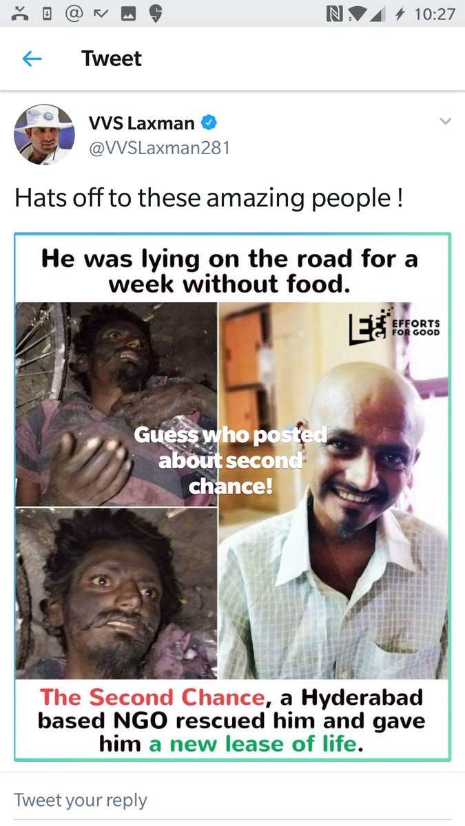 secondchancehyd's tweet photo. Thank you for tweeting about our work sir. We are honored. @VVSLaxman281 @jasperpaul_tsc @RachakondaCop @hydcitypolice @shosrnagar @TelanganaDGP @KTRTRS https://t.co/4GUTThNAIV