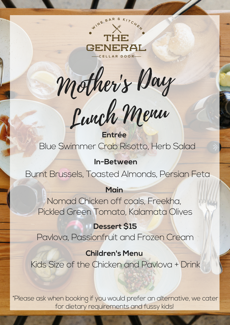 Still haven't decided what to get mum for #MothersDay? Take her to @thegeneralwine for a delicious lunch! Call 08 8383 0667 for more info and to book. Or buy her some of our wine 😉🍽️🍷