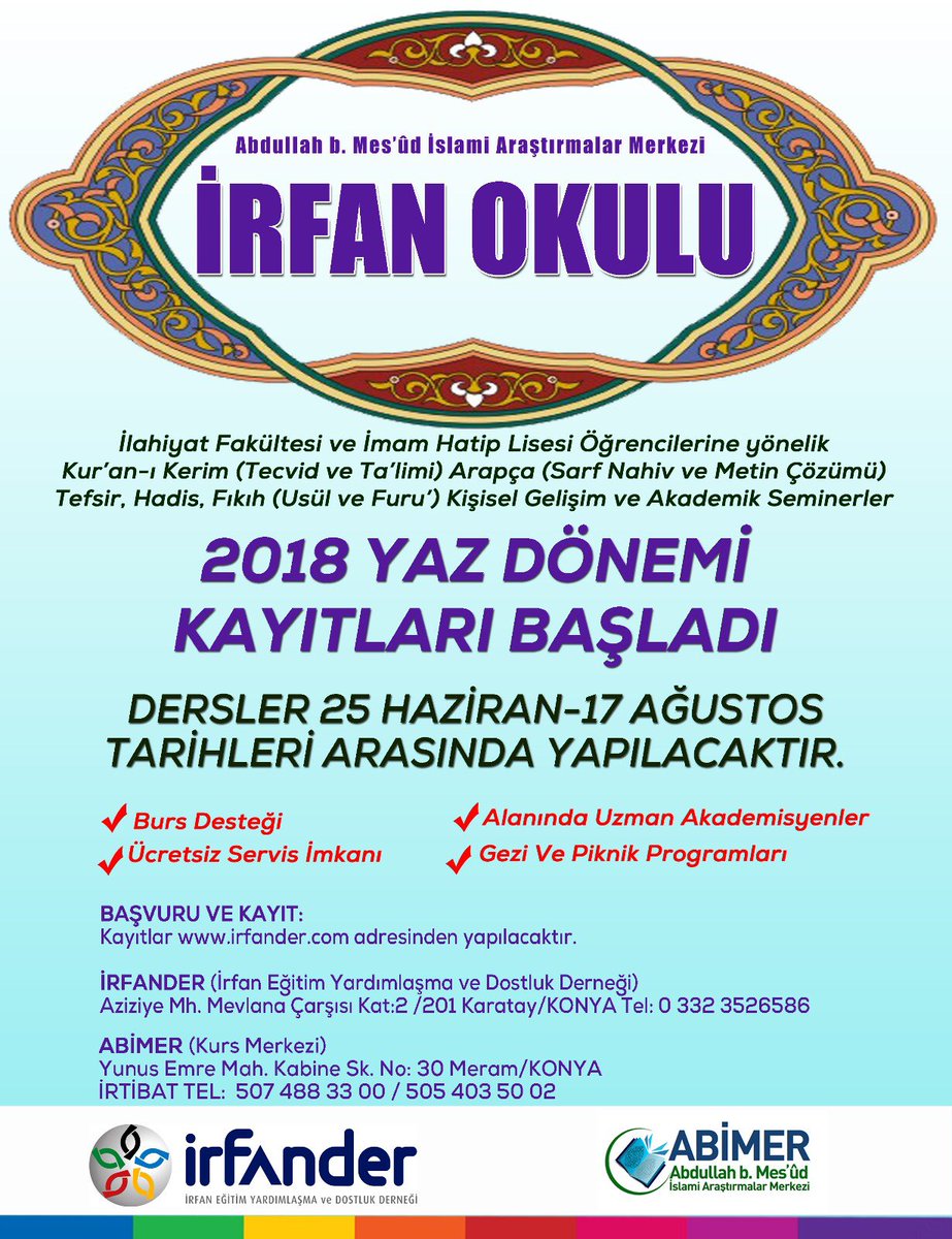 irfander42's tweet photo. ABİMER Abdullah b. Mes’ud İslami Araştırmalar Merkezi Yaz Dönemi kayıtları başladı.. Ayrıntılar https://t.co/BjV4w6YmAq’da..
#konya #irfander #abimer #islam #araştırmalar #merkezi https://t.co/VKeZ5LiJcG