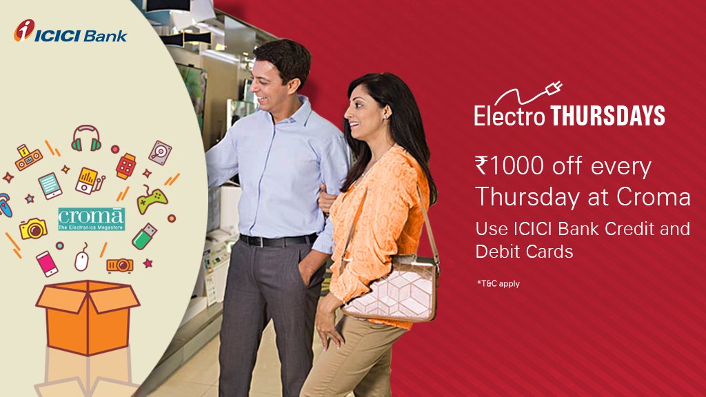 ICICIBank's tweet photo. As the weekend nears, #ElectroThursday is back again to add to your excitement! Buy your favourite gadgets at @cromaretail today and get ₹1000 off on paying using #ICICIBank cards! Shop now: https://t.co/nKoTRa3bkY https://t.co/RYT1F8rhfm