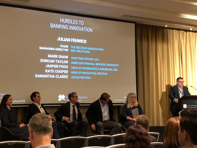 GRC_Solutions's tweet photo. #ACCELERATERegTech2018 is underway in Sydney today! Our very own Julian Fenwick is kicking-off the first panel discussion on the hurdles to banking innovation. #RegTech #RegTechAus https://t.co/XwXUqOGfkm