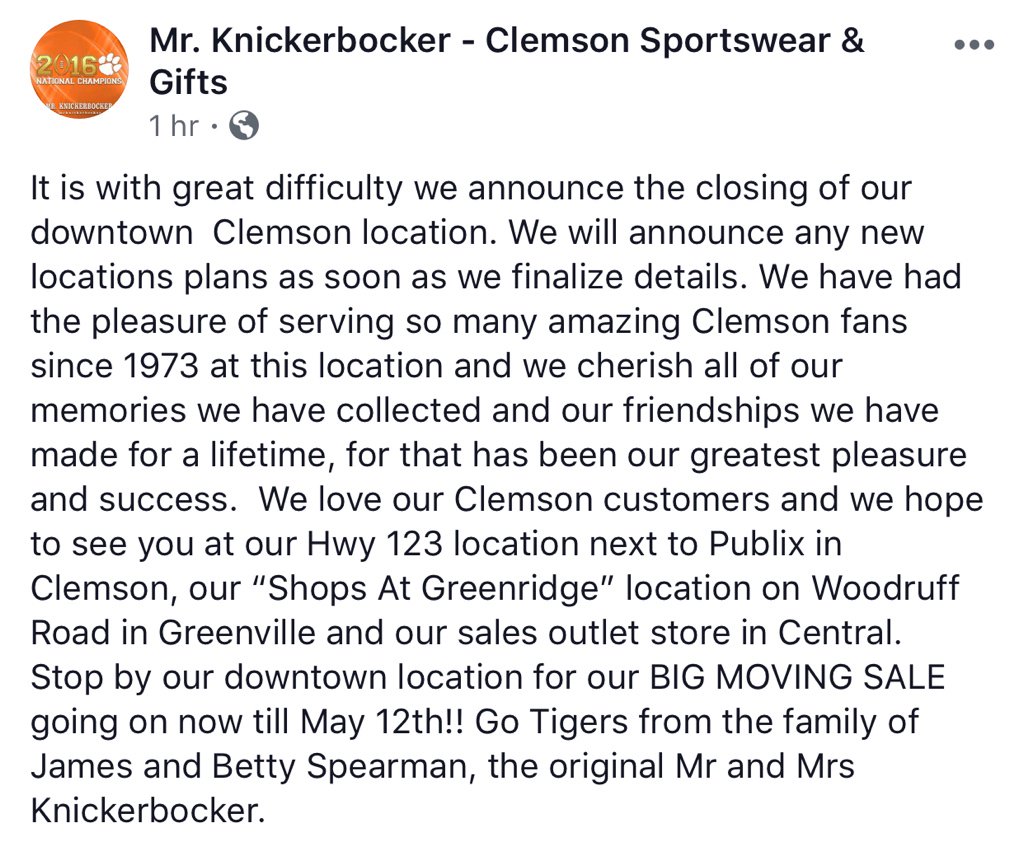SonsOfClemson's tweet photo. Sad. Gonna be weird not seeing this place downtown Clemson… https://t.co/1eT2a38azt