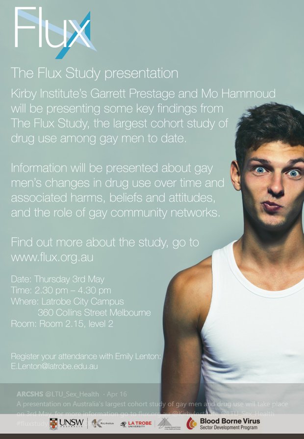LTU_Sex_Health's tweet photo. There are still spaces available for this afternoons presentation at the La Trobe campus Collins Street on Australia's largest cohort study of gay men and drug use, for more information go to https://t.co/0vFebqsEJx @KirbyInstitute @LTU_Sex_Health #fluxstudy #gaymen #DRUGS https://t.co/Mwlptw8qUR