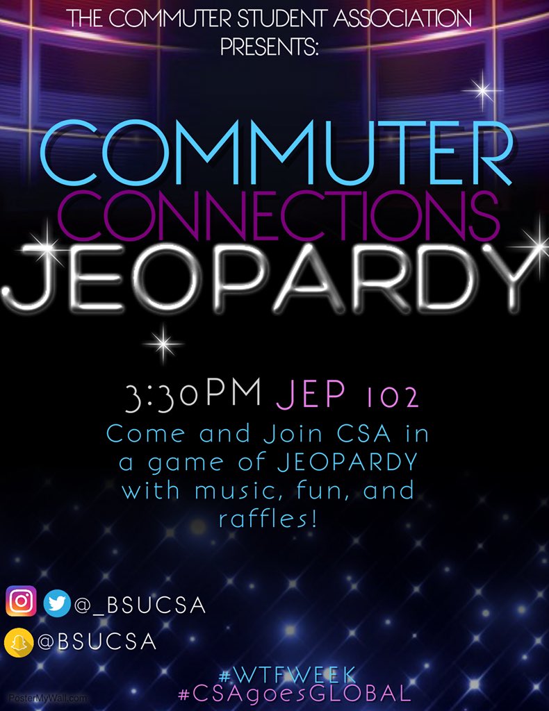 _bsucsa's tweet photo. Did you say “JEOPARDY”? 🎙🖲 Come and Join CSA in a game of Jeopardy with music, fun, and raffles in JEP 102 at 3:30 PM! @_bsucsa #WTFWEEK #WhereTheyFrom 🌍 #CSAGoesGLOBAL 🔥 https://t.co/DYiu7KIZjX
