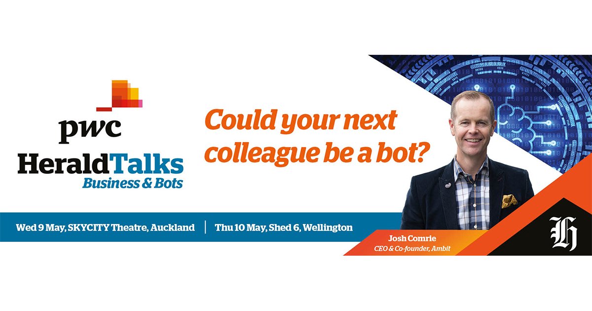 PwC_NZ's tweet photo. What impact could AI have on the future of your business? Josh Comrie, Co-founder of @AIAmbit, will be speaking at @pwcheraldtalks next week, to discuss #business &amp; #bots along with the expert panel https://t.co/hcYyQx8KHf https://t.co/4UwFeRu3GY
