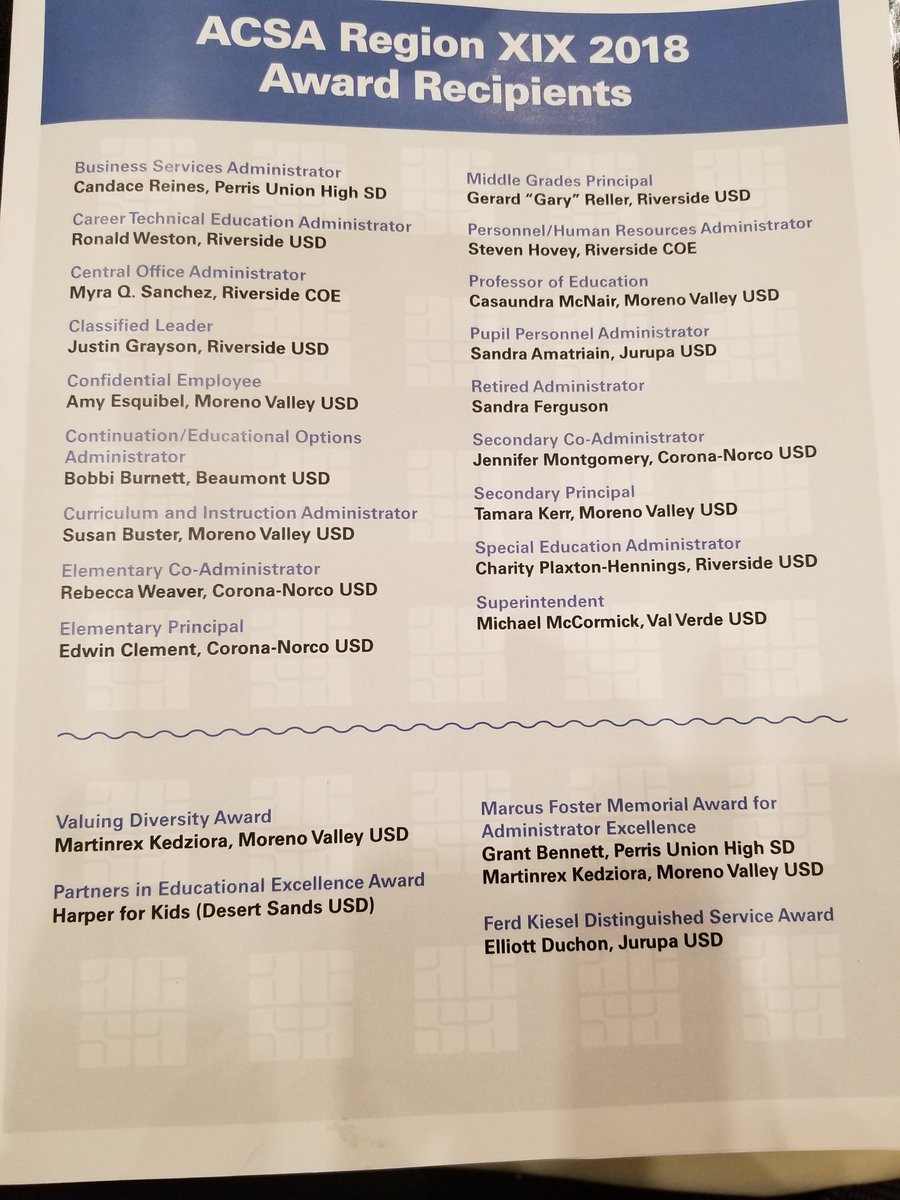 Mari_Said_It's tweet image. Congratulating our ACSA Region XIX 2018 Moreno Valley Award Recipients Dr. McNair Professor of Education &amp;amp; Tamara Kerr Secondary Principal! #Congrats #MVUSDProud #ShinesBright @MorenoValleyUSD #SerranoProud @drcmmcnair #Awesome #ExcellenceOnPurpose