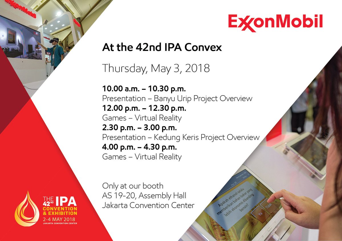 ExxonMobil_ID's tweet photo. Hari ini merupakan hari kedua dari @IPAConvex ke-42! Kunjungi booth @ExxonMobil_ID di Assembly Hall AS 19-20. Berikut adalah jadwal acara di booth kami untuk hari ini! #ExxonMobilatIPA https://t.co/WsZrJ2YJiP