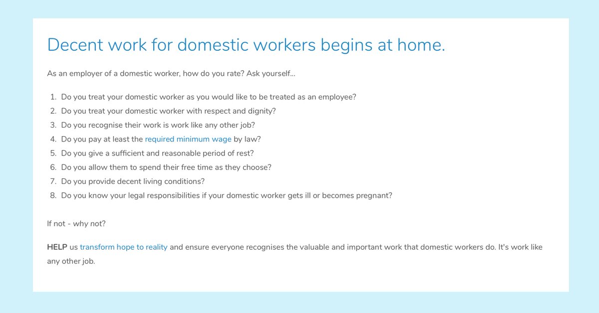 May is Helper Appreciation Month! How do you rate in your employment of a domestic worker? Ask yourself these questions...... Decent work for domestic workers begins at home! buff.ly/2HOBsVx
