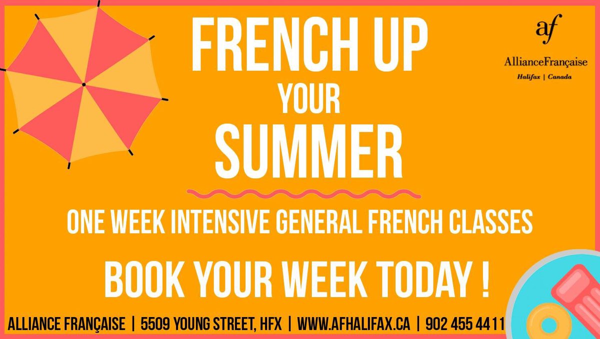 AFHalifax's tweet photo. We are offering an intensive day time class for our General French Course. Come every day for 6 hours and immerse yourself in French. #intensivefrench #learnfrench #speakfrench #summer #halifax @smuprez @Dalnews @HRMFRC https://t.co/fh6P1MNyj0