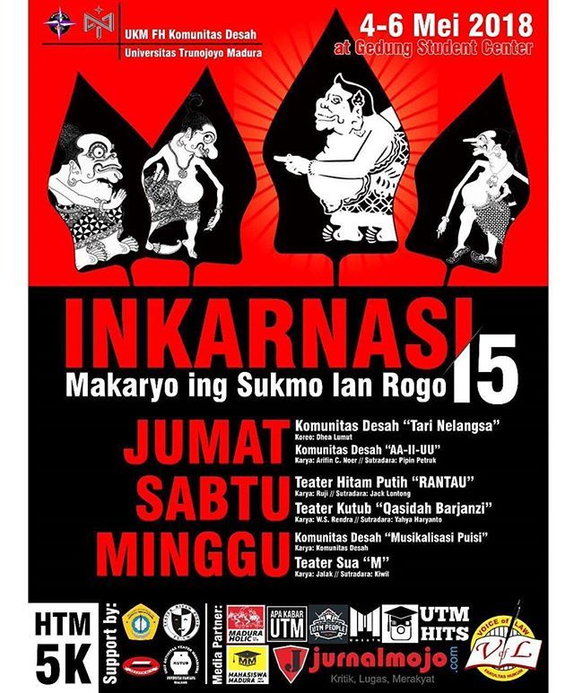 TeaterSua's tweet photo. Teater SUA bakalan menyapa Pulau Madura!
Saksikan Pentas Teater SUA dalam INKARNASI | Makarya ing Sukmo lan Rogo @komunitas.desah

Naskah: M
Karya: Imam Jalak
Sutradara: Kiwil SUA
Minggu 6 Mei 2018
Mulai pukul 19:00 WIB
HTM: 5K
Live at Panggung Auditoriu… https://t.co/738YRv0EAh https://t.co/K7FgcROIj3