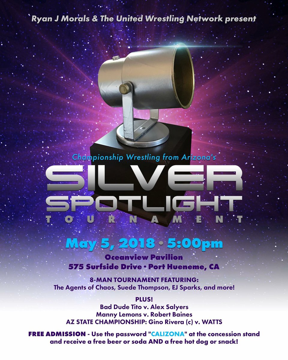 CWFHollywood's tweet photo. Don’t miss @CWFAZTV’s ‘Silver Spotlight Tournament’ THIS Saturday at the @OVP_Theatre in Port Hueneme!

FREE ADMISSION plus one FREE hot dog &amp; beer! 🎟🌭🍺 #CWFAZ https://t.co/O8NS7MovfJ