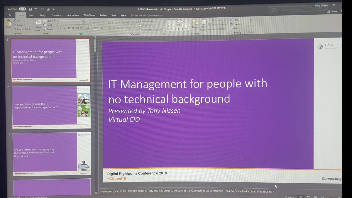TonyRGTech's tweet image. Final slide review prior to my presentation at #CUconf18 1:15pm tomorrow afternoon. If you have been tasked with managing the relationship with an outsourced IT provider for your organisation and you don&apos;t have a technical background, then this session is for you!